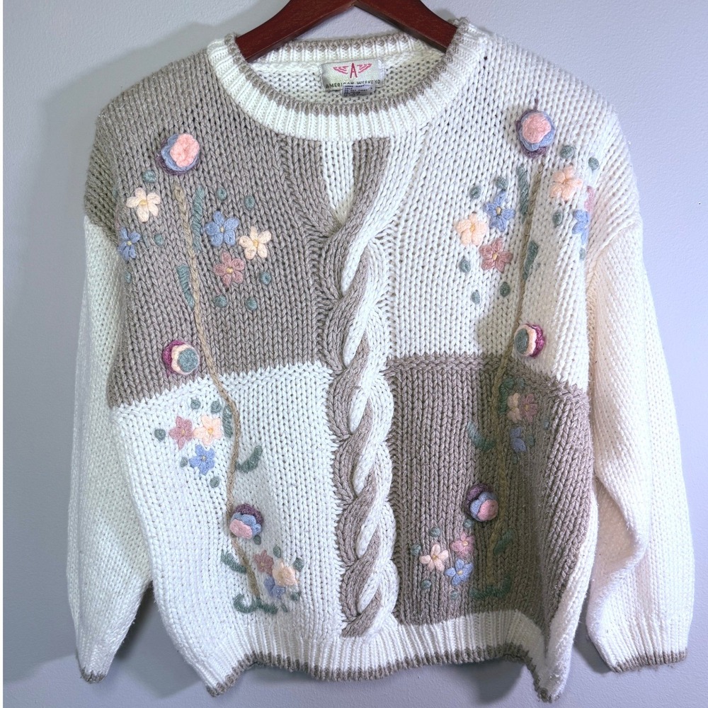 Womens M Cream Taupe 3D Floral Embroidered Chunky Cottagecore Vintage Sweater